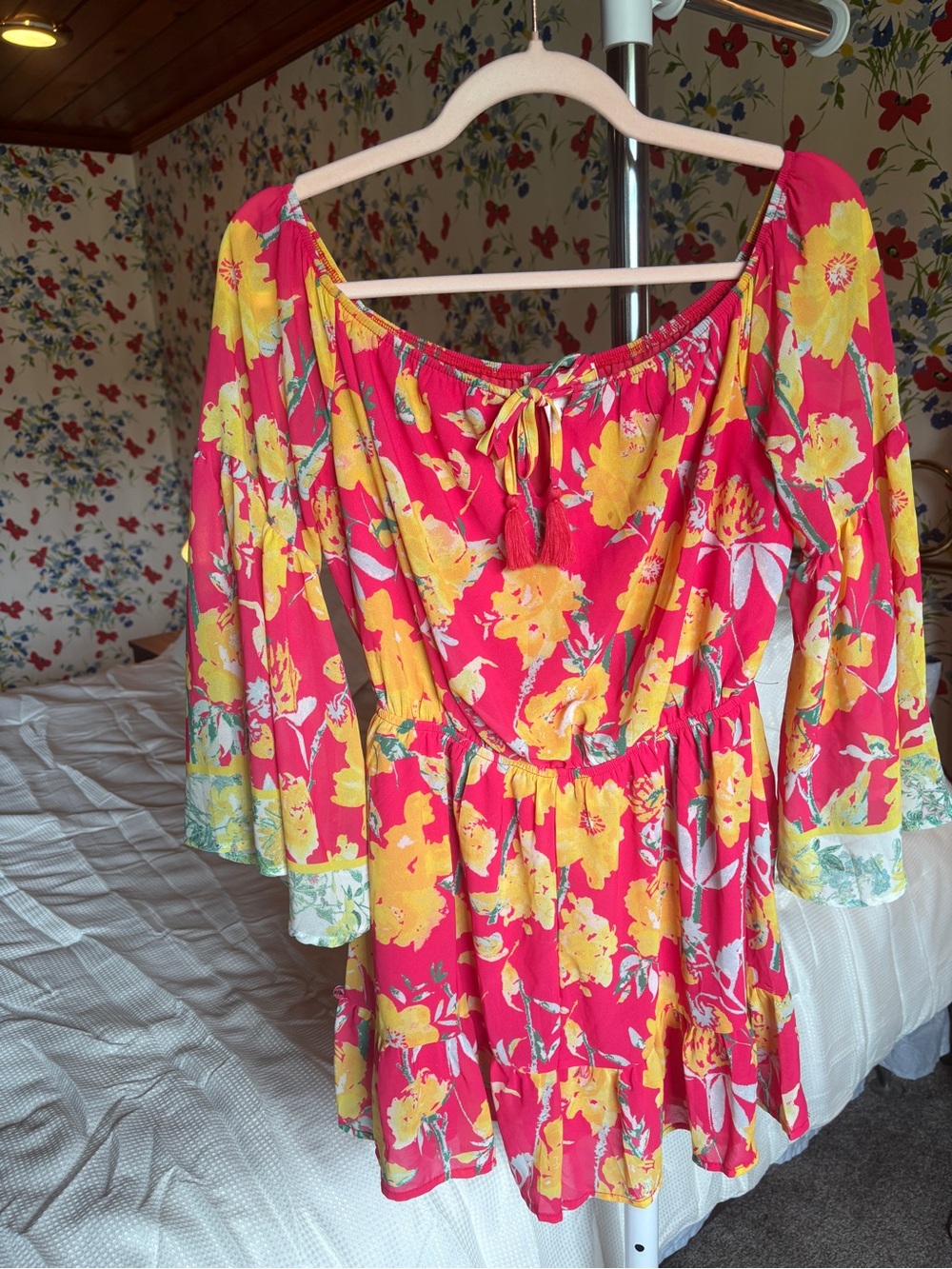 flying tomato floral romper pink yellow boho cottagecore festival off shoulder L - Picture 2 of 9